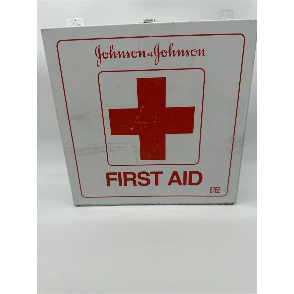 Vintage First Aid Kit Johnson & Johnson 8162 Wall Mount Metal Partial Contents